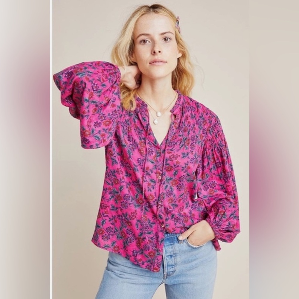 Maeve by Anthropologie Boho Calais Smocked Peasant Blouse Size Large